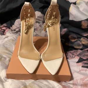 White and gold rhinestone heels